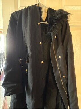 Black Faux-Fur Trim Parka Jacket - Women's